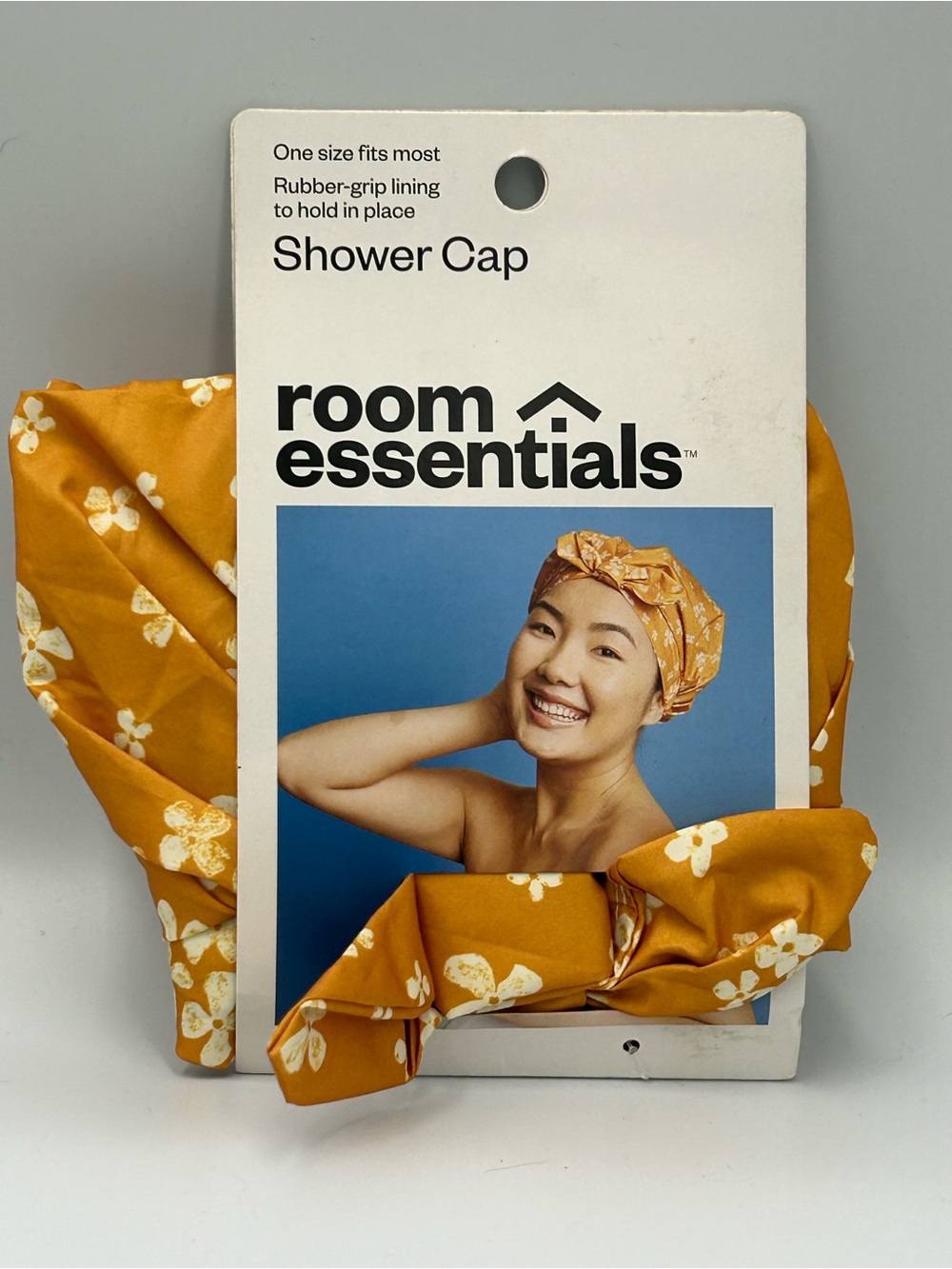 Room Essentials Mustard Floral Shower Cap with White Blossoms